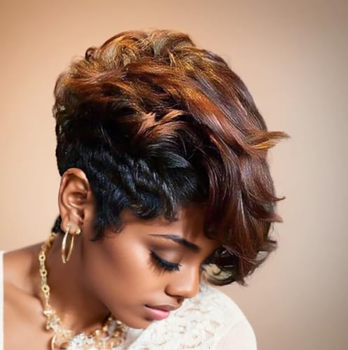 BeiSD Short Black Wig with Mixed Brown Bangs for Women
