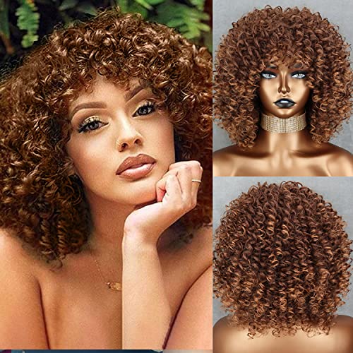 Xinran Brown Curly Afro Wig for Black Women with Bangs